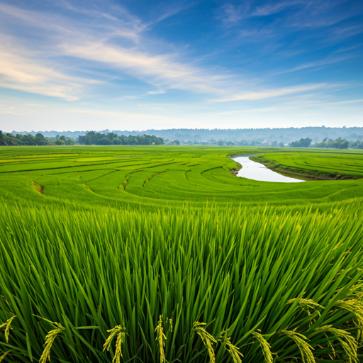 A breathtaking, vibrant green landscape of rural Bangladesh, featuring lush paddy fields and a winding river under a clear blue sky. The image has a very light, white-to-transparent gradient overlay to ensure text readability while maintaining the bright, organic, and hopeful mood of the nature scenery. - Punoshristi Bangladesh Plastic Recycling