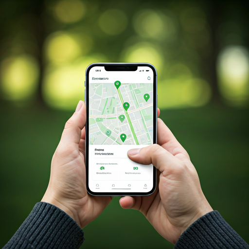 A person holding a smartphone displaying a map application with green location pins. The screen shows the Punoshristi app interface for finding recycling machines. Bright, natural lighting, outdoors, conveying modern green tech utility. - Punoshristi Bangladesh Plastic Recycling