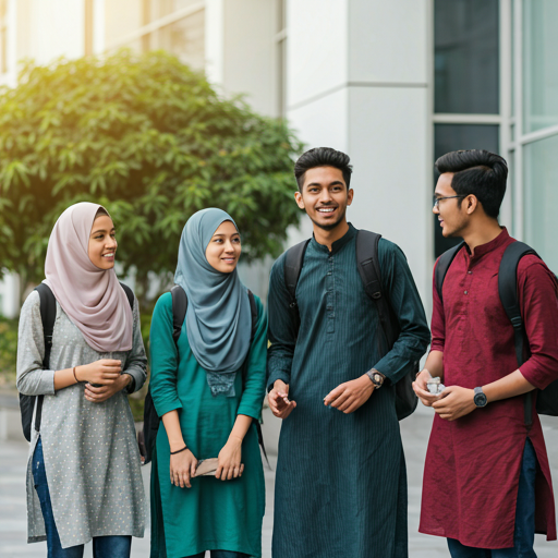 A group of smiling Bangladeshi university students gathered outdoors on a modern campus courtyard during a bright morning. They are dressed in casual, modest attire, engaged in lively conversation, representing the vibrant youth and education focus of the brand. The lighting is warm and natural, creating a hopeful and energetic atmosphere. - Punoshristi Bangladesh Plastic Recycling