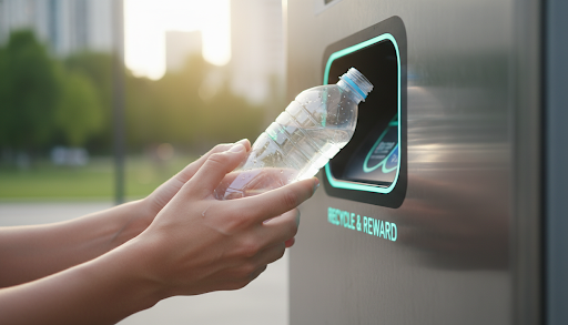 Hand inserting bottle into machine - Punoshristi Bangladesh Plastic Recycling